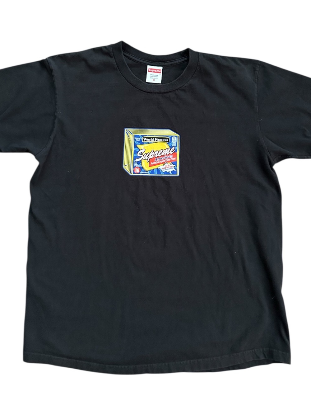 Supreme World Famous Cheese Black Graphic Box Logo Tee. Size: M.